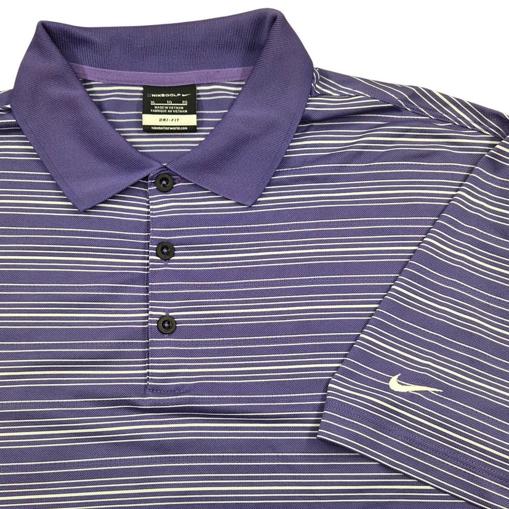 Nike‎ Golf Dri-Fit Striped Polo Shirt Purple White Short Sleeve Mens XL